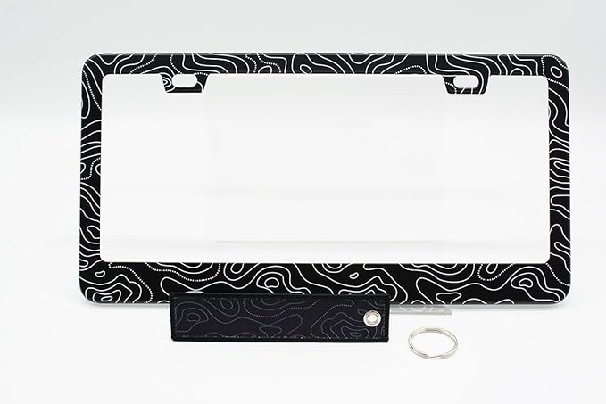 2pcs Topography Map License Plate Frame for Women Men, Discovery car Decorative tag Frames Girly, Topographic License Plate Cover Holder for Vehicle with Double Sided car Keychain tag