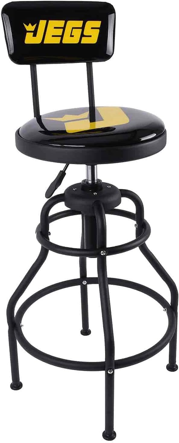 JEGS Hydraulic Shop Stool with Backrest - Adjustable Height (28" to 32.5") & 360 Degree Swivel - Vinyl Padded Seat & Backrest - Heavy Duty - Up to 300lb Capacity