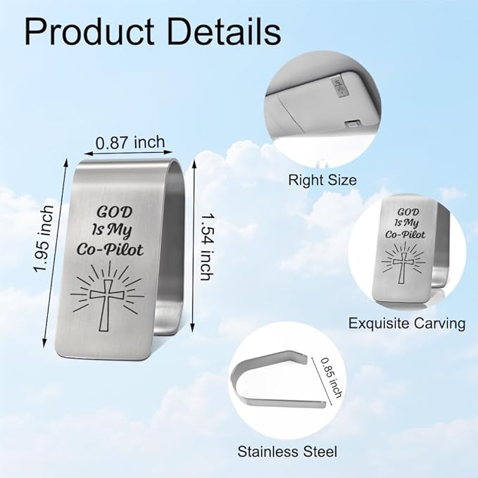 XQLZY God is My Co-Pilot Engraved Stainless Steel Car Visor Clip, Travels Visor Car Accessories, Inspirational Angel Safe Travels Driving Gifts for Women Men Family Friend Driver, New Driver Gifts