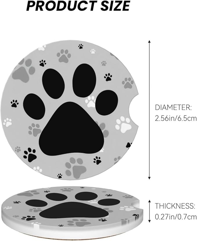 ABLESKY Car Coasters for Cup Holders, 2 Pack Absorbent Anti Slip Car Cup Holder Coasters, 2.56 Inch Ceramic Universal Size Auto Interior Accessories Women Men-Gray Dog Paw