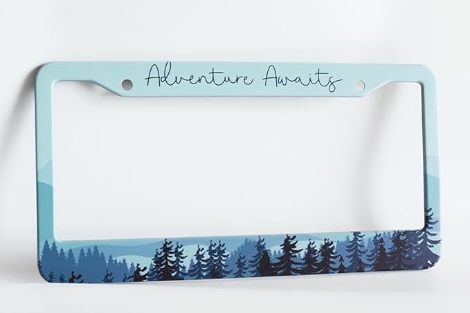 2pcs Mountain Adventure Awaits License Plate Frame for Women,Natural Pine Forest Mountain Horizon Landscape car Decorative tag Frames Girly,Blue Botanical License Plate Cover Holder with Keychain tag