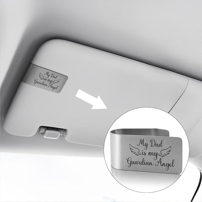 XQLZY My Dad Is My Guardian Angel Engraved Stainless Steel Car Visor Clip, Funny Guardian Angel Visor Clip Gifts for Dad Men Uncle Driver, Travels Visors Car Accessories, God Prayer Gifts