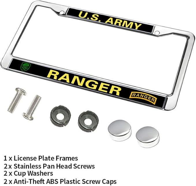 Ranger US Veteran License Plate Frame Metal Proud US Army Veteran Durable License Plate Frame Army Ranger Gifts License Plate Frame for Patriotic People