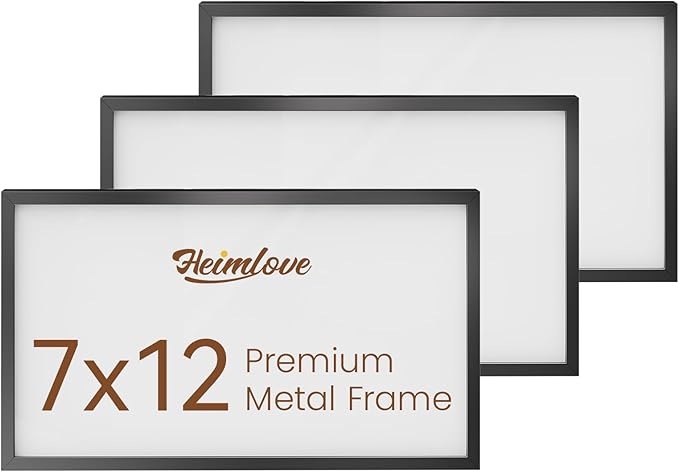 Heimlove 7x12 Metal Picture Frame,Black Aluminum Photo Frames-Real Tempered Glass,Mounting Horizontally or Vertically Decor for Wall-3 Pack