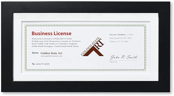 Golden State Art, 5x10 Wood Frame for 4x9 Business License Certificate with White Mat & Table-top Display, Black