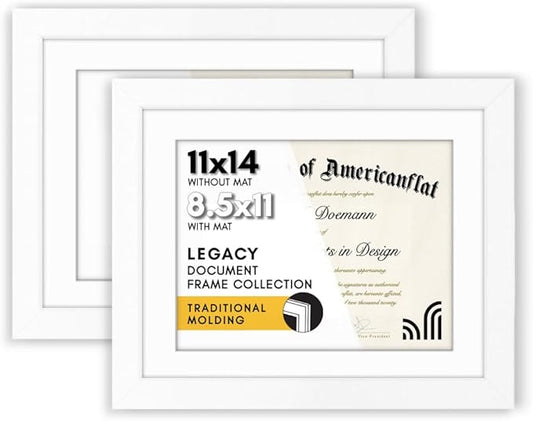 Americanflat 11x14 Diploma Frame with Shatter-Resistant Glass - Set of 2 - Use as 8.5x11 Frame with Mat or Display 11x14 Documents Without Mat - Legacy Collection - Certificate Frames for Wall - White