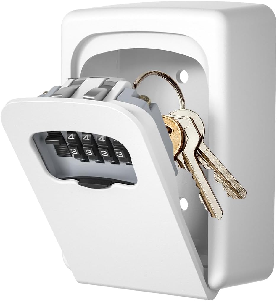 Key Lock Box Wall Mounted, Fayleeko 4 Digit Combination Lockbox for Outside, House Keys - 5 Keys Capacity, Key Safe Security Storage Lock Box for Indoor, Outdoor, Garage, Garden, Store (White, 1Pack)
