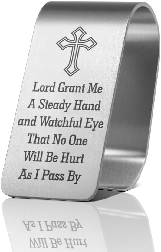 Lord Grant Me A Steady Hand and Watchful Eye Engraved Stainless Steel Car Visor Clip, Travels Visor Car Accessories for Women Men, Safe Driving Religious Gifts for Family Friend Driver
