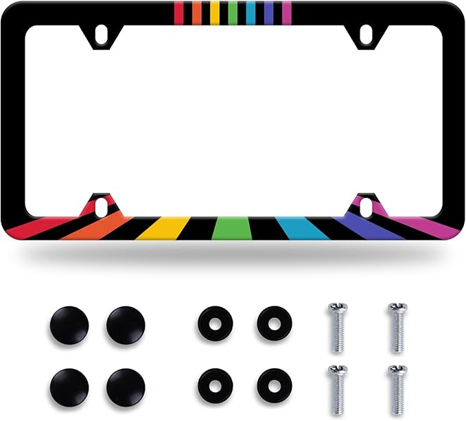 Rainbow Lines License Plate Frame LGBT Flag Gay Lesbian License Plate Stainless Steel Auto Parts Funny License Plate Decorative with Screws Size 12.3" x 6.3" for Women Men