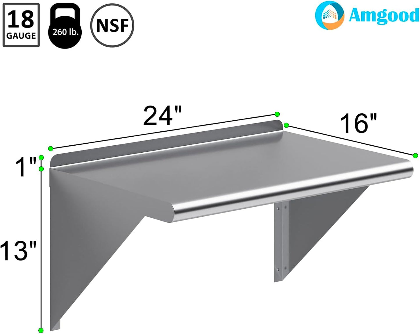 AmGood 24" Long X 16" Deep Stainless Steel Wall Shelf | NSF Certified | Appliance & Equipment Metal Shelving | Kitchen, Restaurant, Garage, Laundry, Utility Room