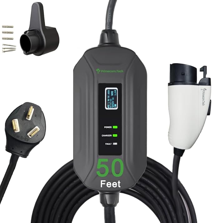PRIMECOM Level 2 EV Charger 220/240V, 16A, 30ft & 50ft, Portable EVSE Electric Vehicle Charging Cable Compatible with Bolt Volt Leaf BMW i3 Fiat 500e Clarity NIRO Prius (50 Feet, 10-50P)
