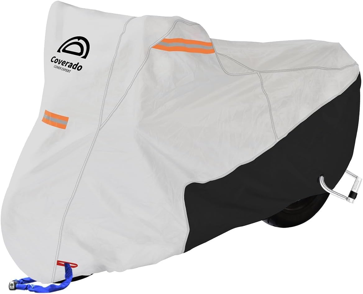 Coverado Motorcycle Cover Waterproof, All Weather Protection Outdoor Full Motorcycle Covers - UV Proof with Flame Retardant Fabric Fit for Harley Davidsion Yamaha Honda Suzuki (up to 111" Motors)