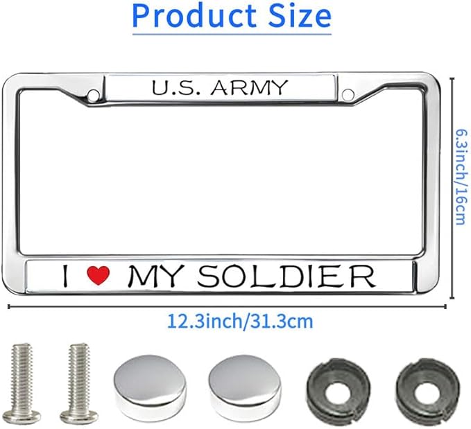 I Love My Soldier Metal Chrome Auto License Plate Cover,Proud US Army Classic Black License Plate Frame with Theft-Proof Screw Caps