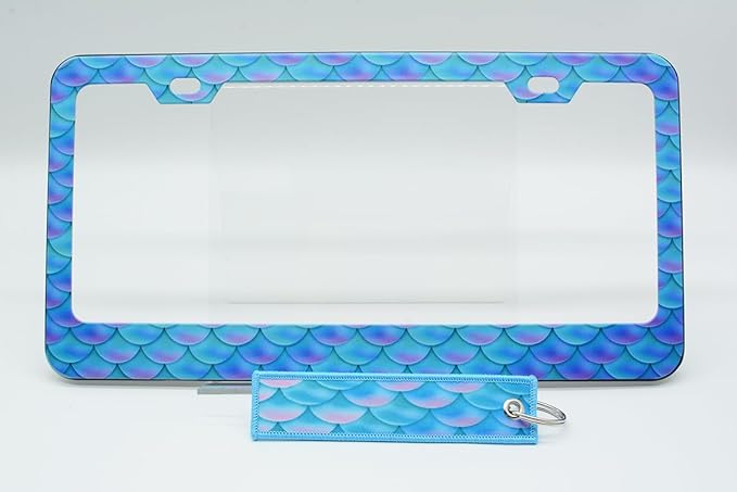 2pcs Blue Fish Scale patternt License Plate Frame for Women, Mermaid Fish Scale car Decorative tag Frames Girly, Blue Scales License Plate Cover Holder for Vehicle with Double Sided car Keychain tag