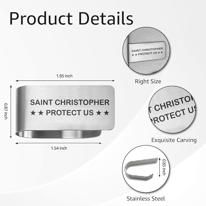 Saint Christopher Protect Us Engraved Stainless Steel Car Visor Clip, St Christopher Accessories for Car, Driving Safety Prayer Religious Gifts for Family Friend Driver, New Driver Gifts