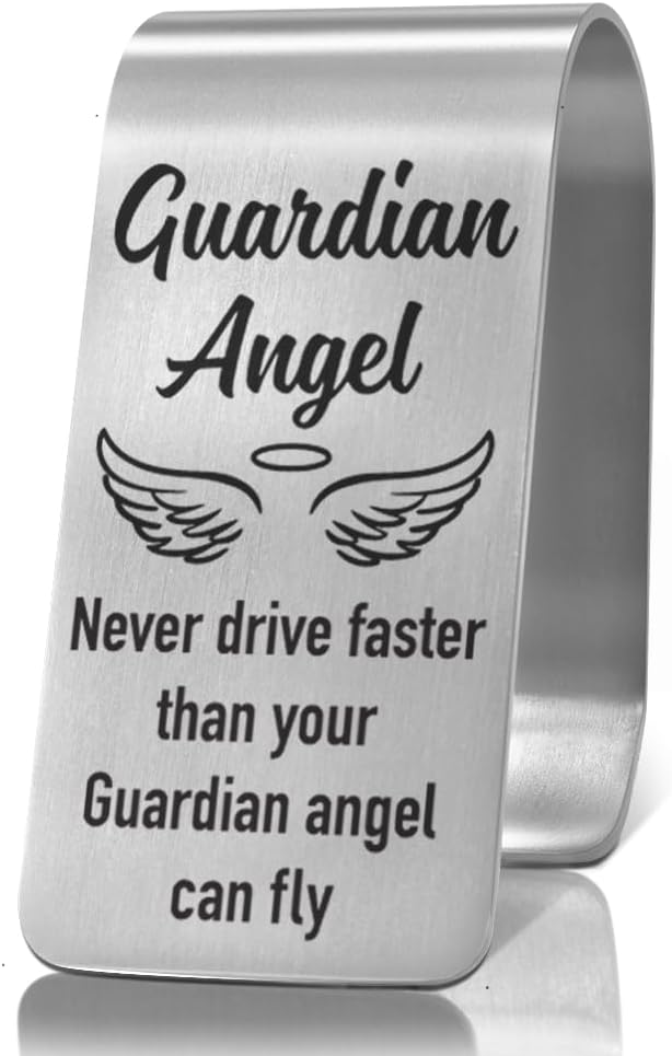 XQLZY Never Drive Faster Than Your Guardian Angel Can Fly Engraved Stainless Steel Car Visor Clip, Inspirational Guardian Angel Safe Driving Gifts for Family Friend Driver, Drive Safe Reminder Gifts