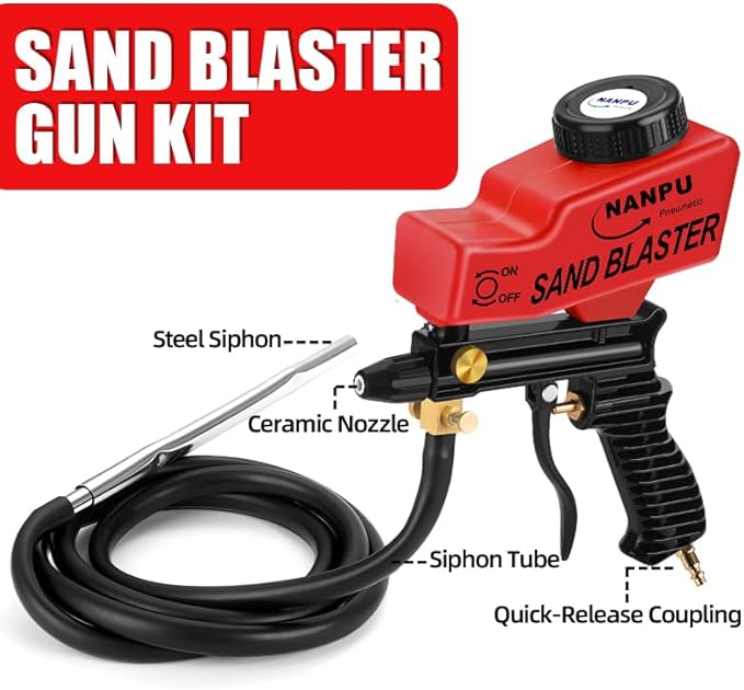 NANPU Light-Duty Air Sandblaster Gun Kit with Siphon & Gravity Feed, Ceramic Nozzle, Metal Body, for Small Project Surface Prep, Paint & Rust Removal, Metal/Wood/Glass Etching，Requires Air Compressor