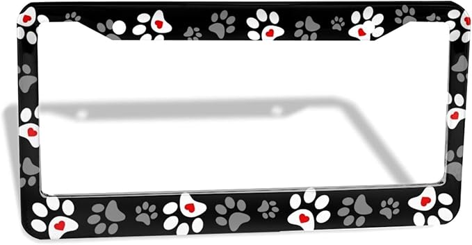 Paw Print License Plate Frame - 1 Pack Personalized Black Love Dog Paw License Plate Holder Aluminum Metal Car Tag Cover with 2 Holes Customized Decorative for US Vehicle Standard for Women Men