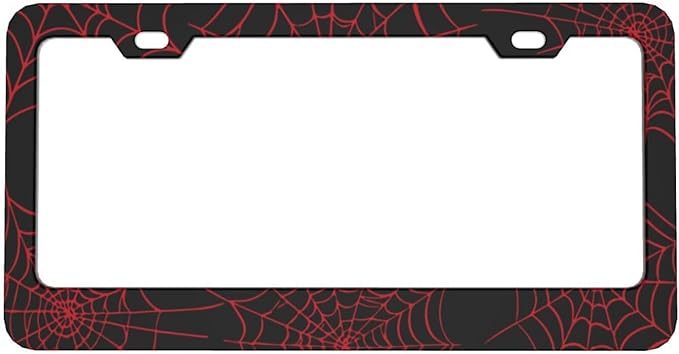 Red Spider Web License Plate Frame, Funny Cobweb Aluminum License Plate Holder, Halloween Black Car Tags with Screws 6 X 12 in