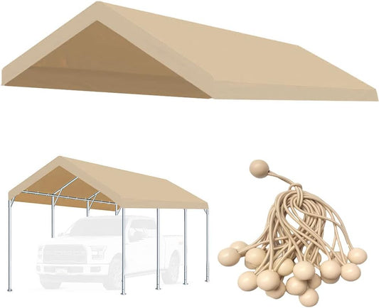 12'x20' Upgraded Carport Replacement Top Canopy Cover for Car Garage Shelter Tent Party Tent with Ball Bungees Beige (Only Top Cover, Frame is not Included)