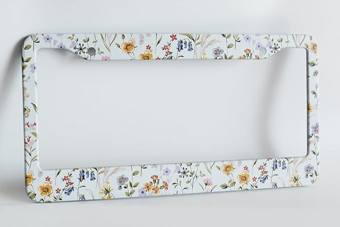 2pcs Wild Flowers Floral License Plate Frame for Women, White Flowers Floral car Decorative tag Frames Girly, Natural Life Theme License Plate Cover Holder for Vehicle with Double Sided Keychain tag