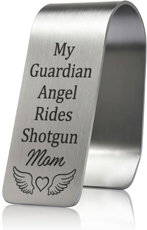 My Guardian Angel Mom Engraved Stainless Steel Car Visor Clip, Safe Driving Gifts for Son Daughter Stepson Stepdaughter, Travel Visor Car Accessories for Sweet 16 Birthday Gifts for New Driver