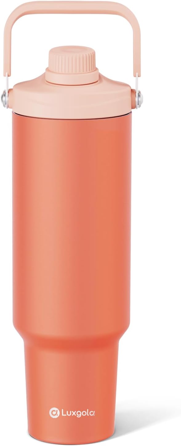 50 oz Insulated Tumbler, Double Wall Vacuum Stainless Steel Cup with Handle and Spout Lid, For Cold/Hot Drinks, Coffee Travel Mug for Car Holder/Home/Office/Party/Camping (Coral Orange-1 Pack)