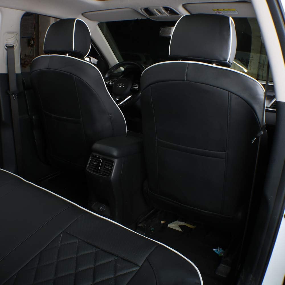 EKR Sportage Seat Covers Custom Fit for KIA Sportage LX 2023 2024 2025 2026 Leather Car Seat Cover Full Set - Faux Leather (Black with White Piping)