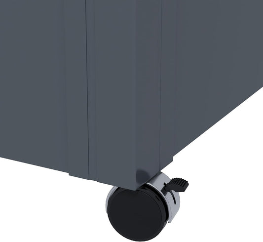 Outsunny 82 Gallon Garden Storage Box, Waterproof Outdoor Storage Container with Wheels and Handles, Lockable Galvanised Steel Outside Deck Box for Tools, Cushions, Dark Grey