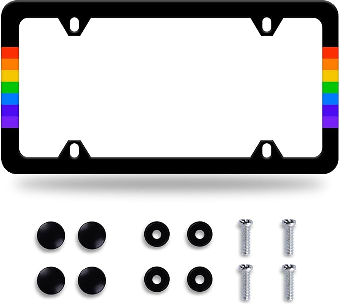 Rainbow Lines License Plate Frame LGBT Flag Gay Lesbian License Plate Stainless Steel Auto Parts Funny License Plate Decorative with Screws Size 12.3" x 6.3" for Women Men