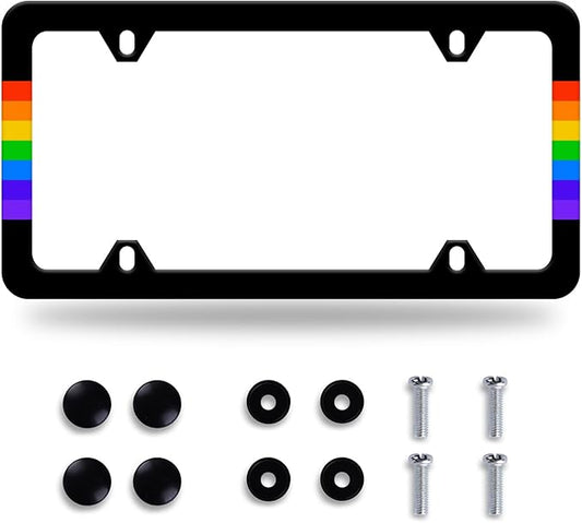 Rainbow Lines License Plate Frame LGBT Flag Gay Lesbian License Plate Stainless Steel Auto Parts Funny License Plate Decorative with Screws Size 12.3" x 6.3" for Women Men