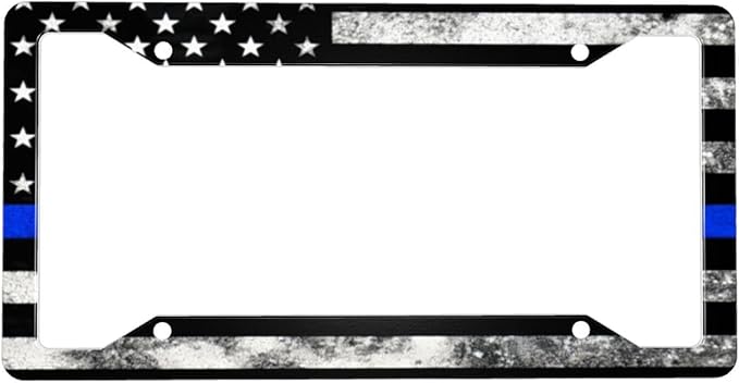 Vintage American Flag Thin Blue Line License Plate Frame - 1 Pack Personalized Patriotic License Plate Holder Aluminum Metal Car Tag Cover with 4 Holes Decoration for US Vehicle Standard for Women Men