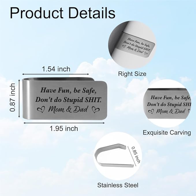 XQLZY Have Fun Be Safe Don't Do Stupid Shit Mom Dad Engraved Stainless Steel Car Visor Clip, Travels Visor Car Accessories, Funny Birthday for Couple Husband Dad Mom Friend Driver