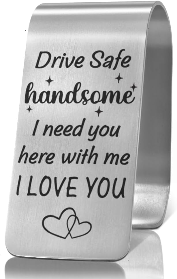 XQLZY Drive Safe Handsome I Need You Here with Me Engraved Stainless Steel Car Visor Clip, Funny Safe Driving Reminder Clip Gifts for Boy Friend Husband Dad Son Driver, Travel Visor Car Accessories