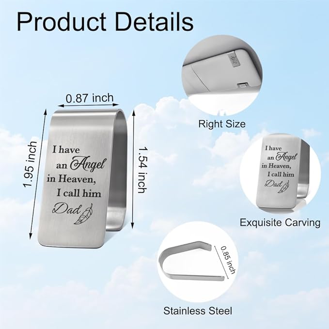 XQLZY I Have An Angel In Heaven I Call Him Dad Engraved Stainless Steel Car Visor Clip, Funny Angel Safe Travels Driving Gifts for Dad Men Uncle Driver, Travels Visor Car Accessories, God Prayer Gifts