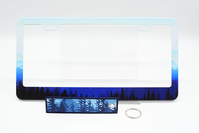 1pcs Mountain License Plate Frame for Women,Natural Pine Forest Mountain Horizon Landscape car Decorative tag Frames Girly,Blue Botanical License Plate Cover Holder for Vehicle with car Keychain tag