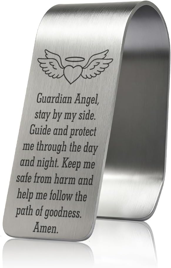 Guardian Angel Stay by My Side Guide and Protect Me Engraved Stainless Steel Car Visor Clip, Inspirational Guardian Angel Safe Driving Gifts for Family Friend Driver, Drive Safe Gifts