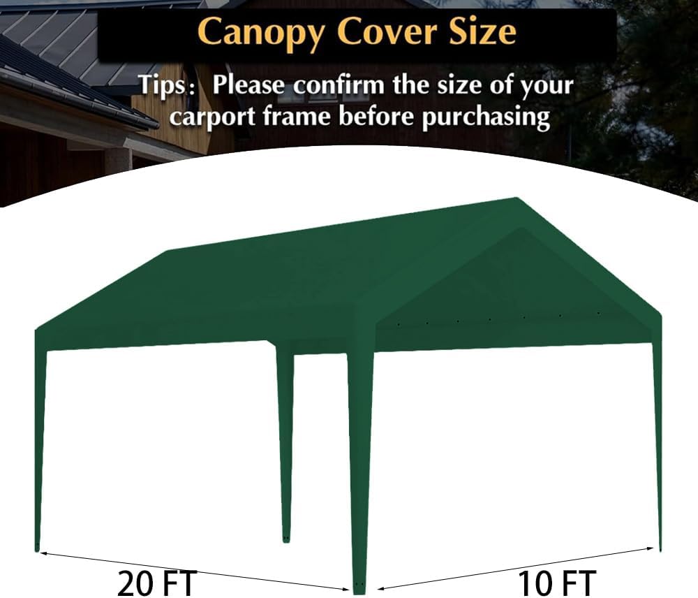 Rutile 10 x 20 FT Carport Replacement Cover, Heavy Duty Car Tarp Canopy Tent Garage Top Shelter With Fabric Leg Pole Skirts and Ball Bungees - Green (Only Top Cover, Frame Not Included)