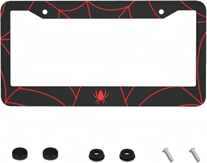 Red Spider Web License Plate Frame - 1 Pack Novelty Black Spider Web License Plate Holder Aluminum Metal Car Tag Cover with 2 Holes Customized Decorative for US Vehicle Standard for Women Men