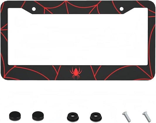 Red Spider Web License Plate Frame - 1 Pack Novelty Black Spider Web License Plate Holder Aluminum Metal Car Tag Cover with 2 Holes Customized Decorative for US Vehicle Standard for Women Men