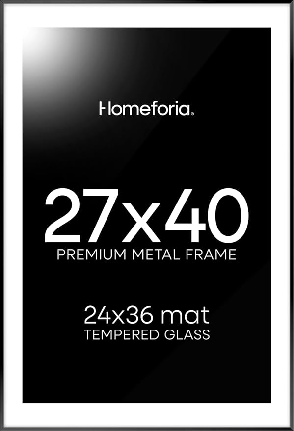 Homeforia 27x40 inch Poster Frame Black with Mat 24x36, Aluminum Metal Frame with Tempered Glass and Wall Kit, Set of 1