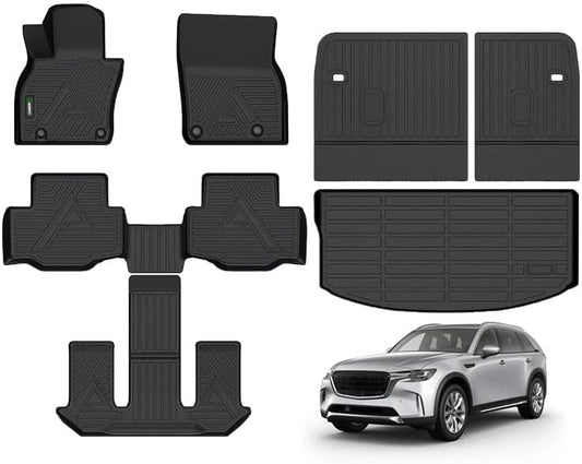 ANBINGO® Floor Mats & SeatBack Cargo Liner | CX90 2024-2025 7 Passenger | 2nd Row with Bucket Seat or Captain Seat | (60/40 Velcro Tape Fixed Backmats) TPE 3 Rows Waterproof Car Mat