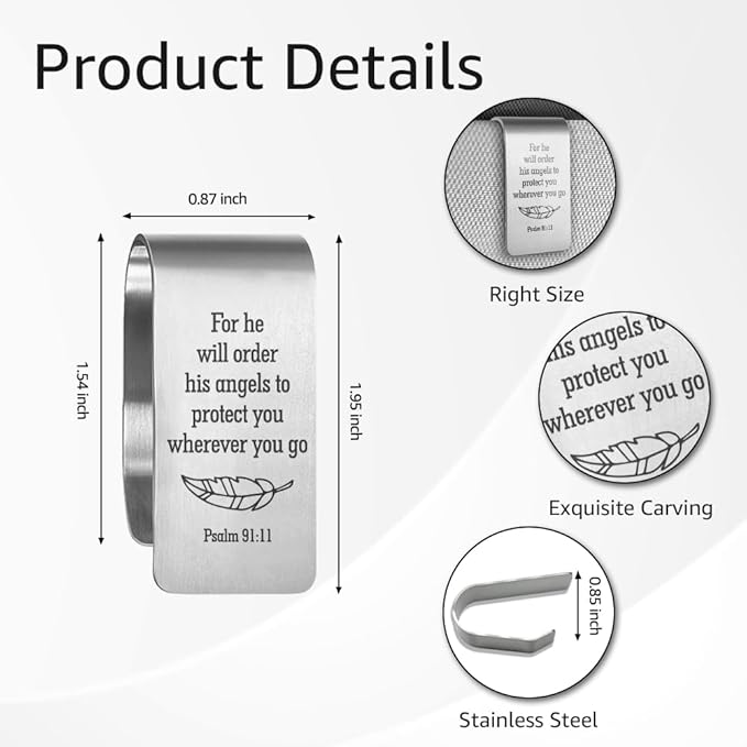 for He Will Order His Angels to Protect You Wherever You Go Engraved Stainless Steel Car Visor Clip, Psalm 91:11 Sign, Funny Religious Gifts for Women Men Family Friend, New Driver Gifts