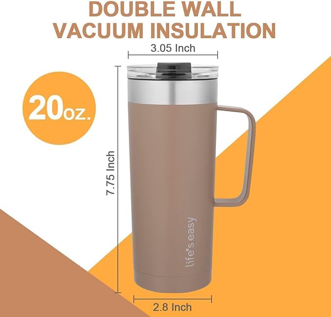 Life's Easy 20oz Stainless Steel Mug w/Handle - Double Wall Insulated Travel Tumbler w/Flip Lid - Leak Proof Tumbler-Thermal Cup for Coffee, Tea & More - Keep Hot & Cold Drinks (Brown, 20 oz)