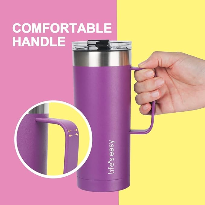 Life's Easy 20oz Stainless Steel Mug w/Handle - Double Wall Insulated Travel Tumbler w/Flip Lid - Leak Proof Tumbler-Thermal Cup for Coffee, Tea & More - Keep Hot & Cold Drinks (Purple, 20 oz)