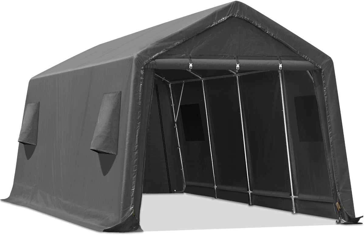 ADVANCE OUTDOOR 10X20 ft Carport Heavy Duty Outdoor Patio Portable Canopy Storage Shelter Shed with 2 Rolled up Zipper Doors & Vents for Snowmobile Garden Tools, Gray