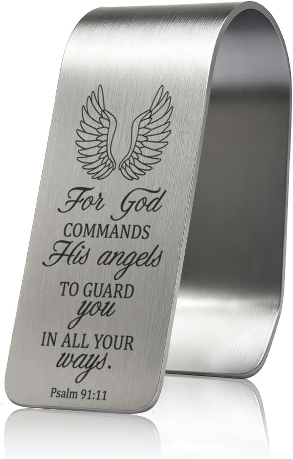 for God Commands His Angels to Guard You Engraved Stainless Steel Car Visor Clip, in All Your Ways Psalm 91:11, Inspirational Guardian Angel Safe Driving Gifts for Family Friend Traveller