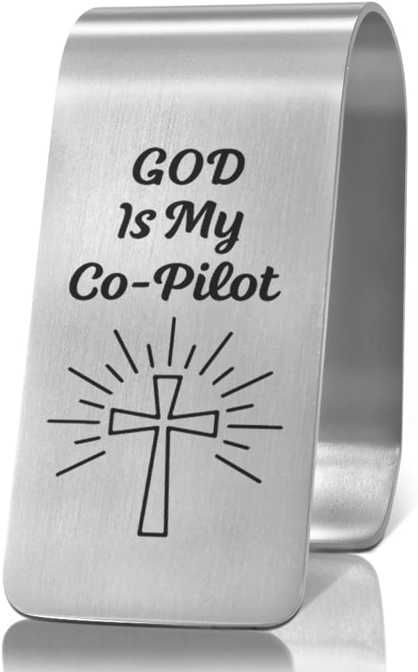 XQLZY God is My Co-Pilot Engraved Stainless Steel Car Visor Clip, Travels Visor Car Accessories, Inspirational Angel Safe Travels Driving Gifts for Women Men Family Friend Driver, New Driver Gifts