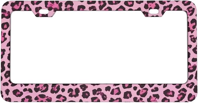 Pink Leopard & Cheetah Print License Plate Frame - Wild Animal Print Design License Plate Holder，Stylish Aluminum Front/Rear Car Tag Cover with Screws，Decorative for US Vehicle Standard for Women Men