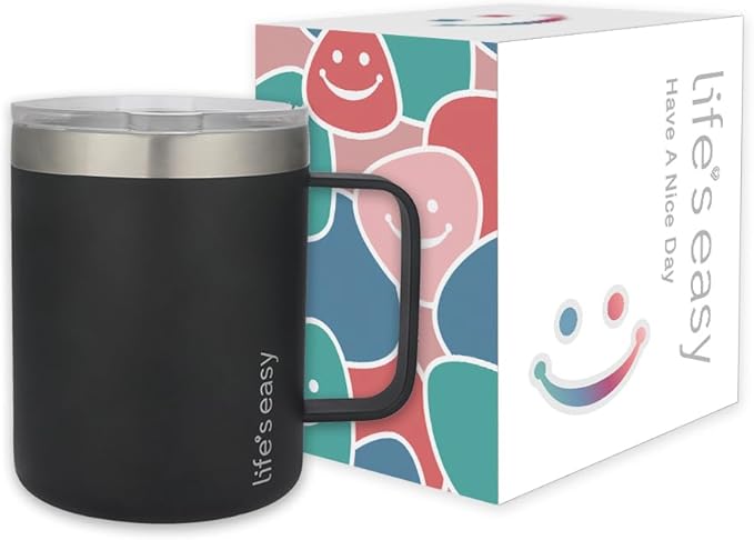 Life's Easy 12 oz Stainless Steel Mug w/Handle - Double Wall Insulated Travel Tumbler w/Flip Lid - Leak Proof Tumbler-Thermal Cup for Coffee, Tea & More - Keep Hot & Cold Drinks (Onyx, 12 oz)